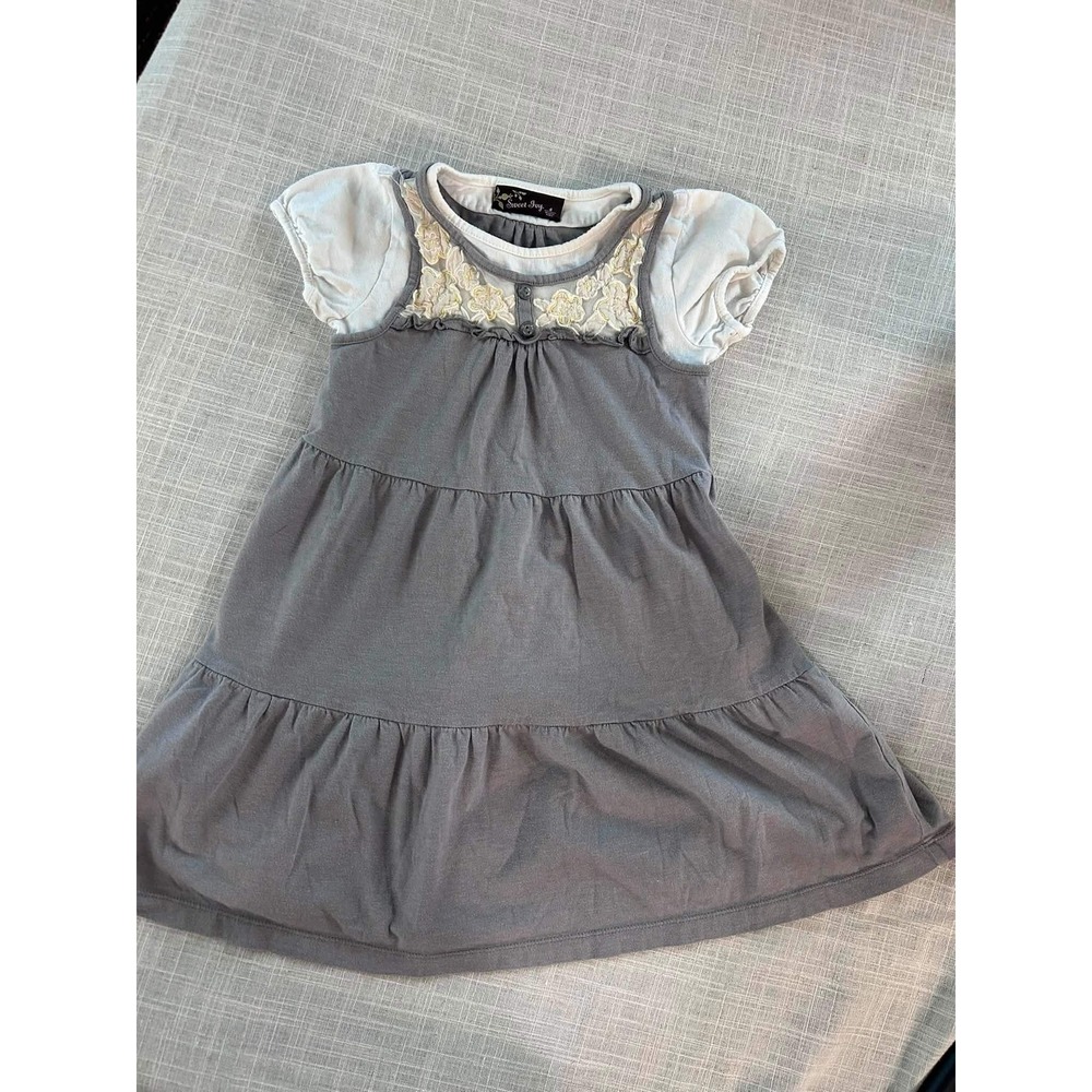 Sweet Ivy Tiered Dress Girls Size 4 Grey White Lace Floral Layered Look